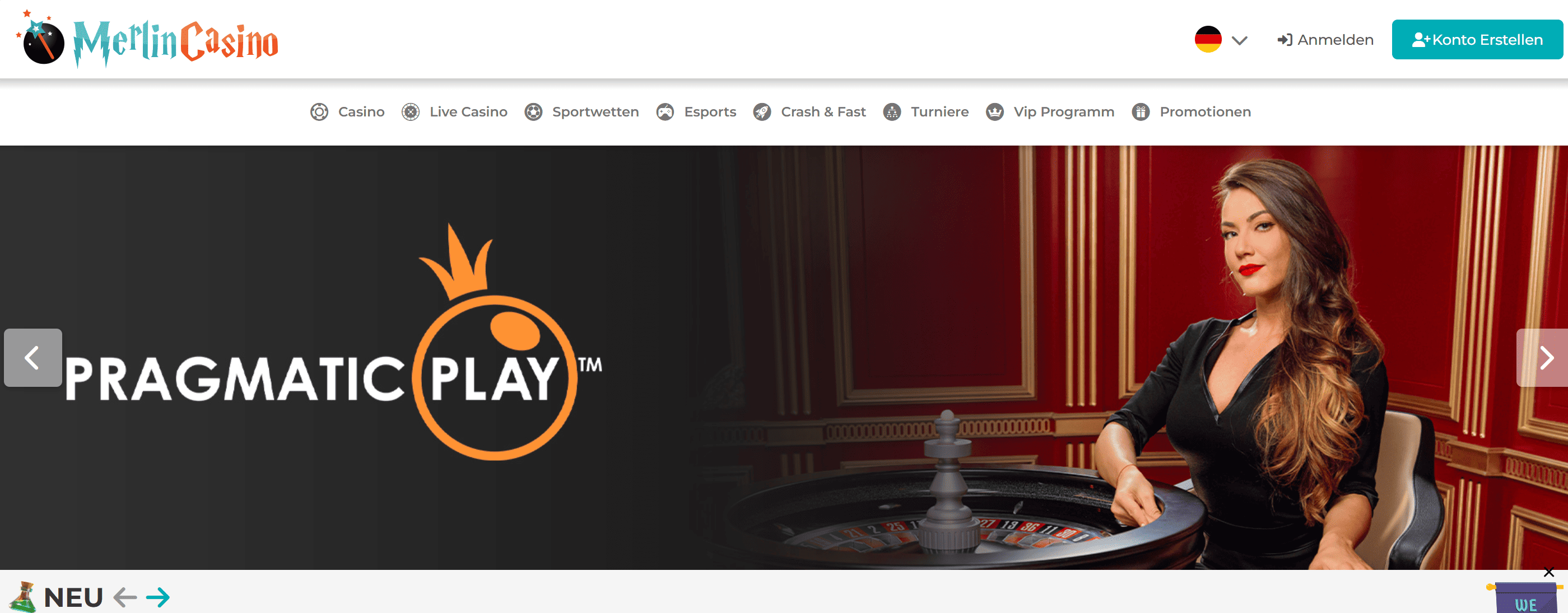 Merlin Casino Startseite Screenshot – Spielerschutz, Live Casino und Sportwetten 2026