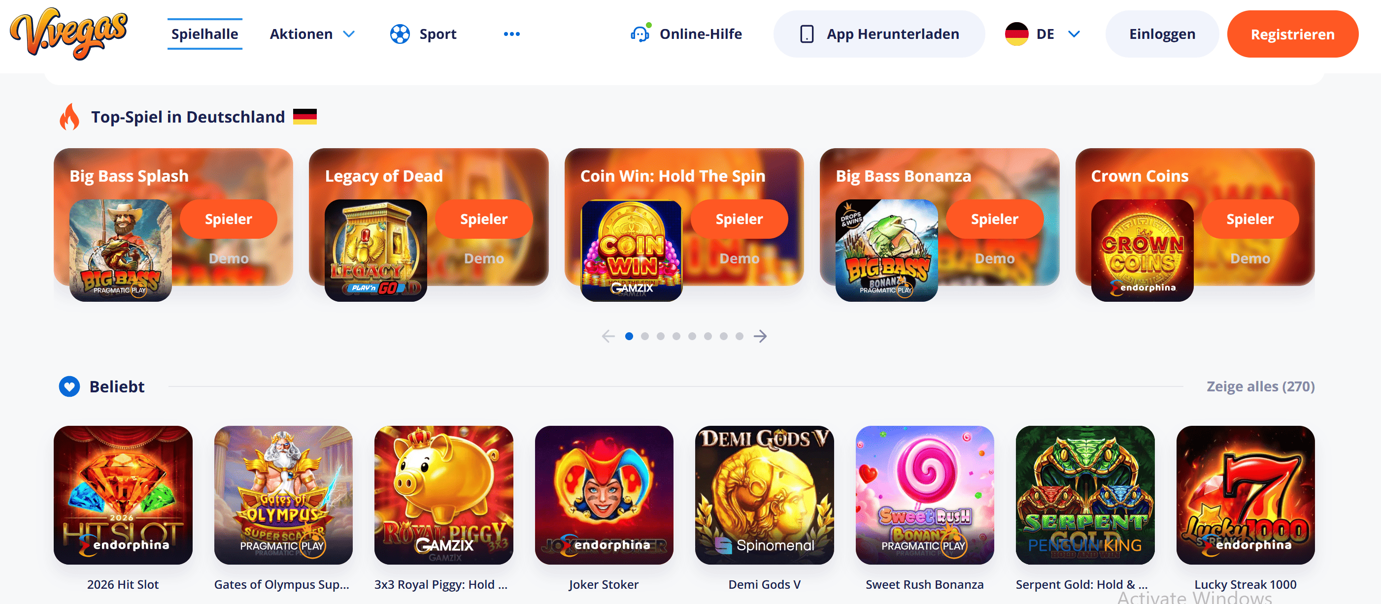 V.Vegas Casino Startseite Screenshot – Top-Spiele und Spielauswahl 2026